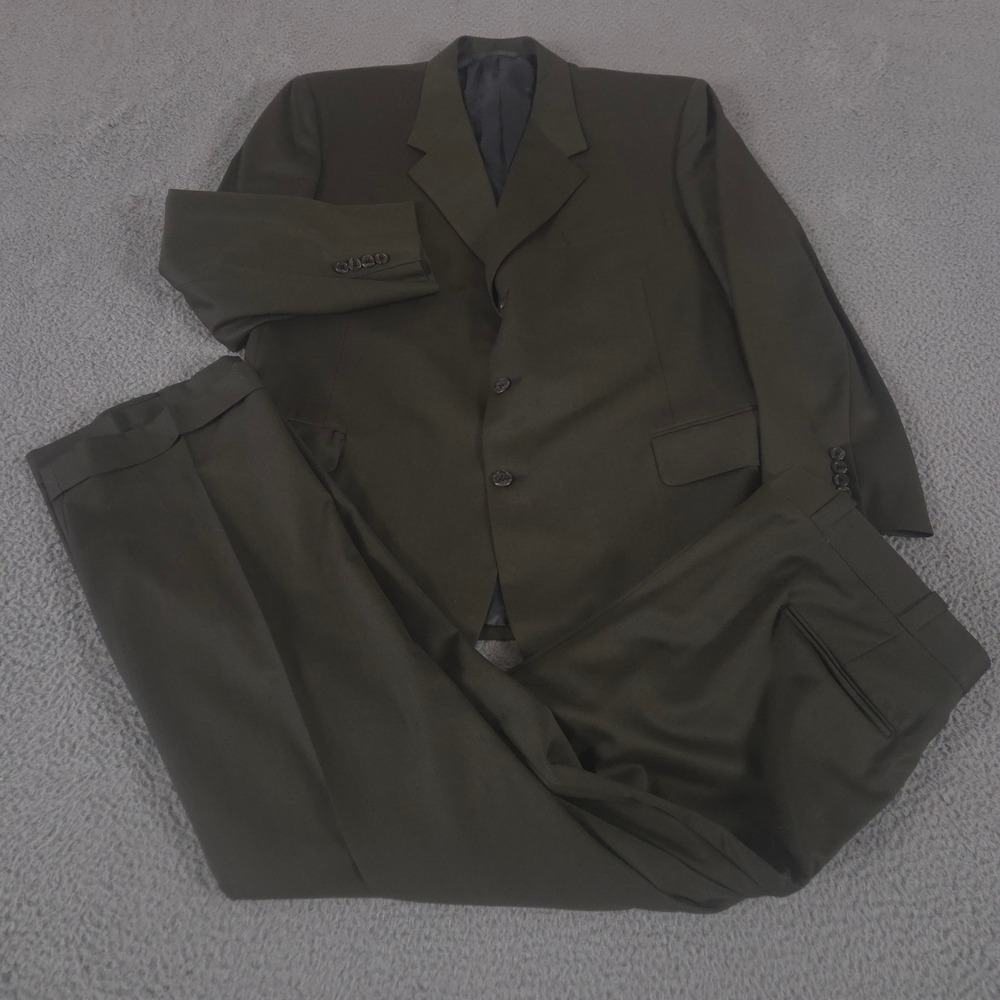 Tom James 2-Piece Suit Mens 46R Pants 36x31 Olive Royal Classic Pleated Straight